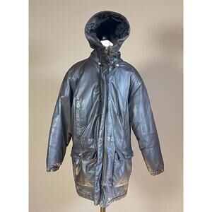 Vintage Eddie Bauer Leather Down Parka Womens L Hooded Brown Winter Coat